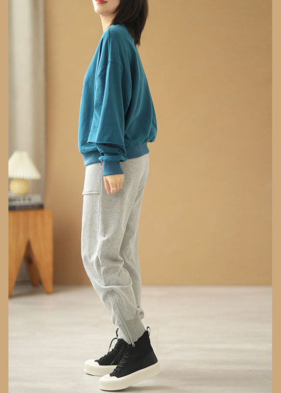Blue Loose O-neck Print Fall Sweatshirts Top