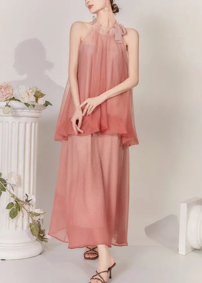 Natural Watery Red Cold Shoulder Tulle Vest and Maxi Skirts Two Pieces Set Sleeveless