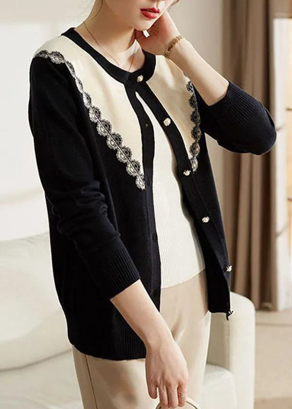 French Black O-neck Patchwork Button Knit Coats Long Sleeve