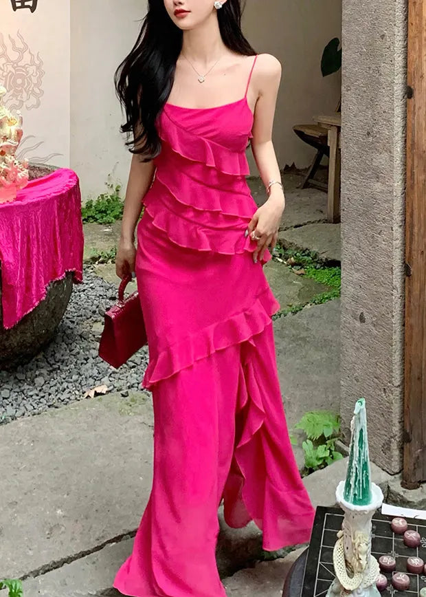 Dopamine Rose Red Ruffled Suspender Dress for Summer Wear
