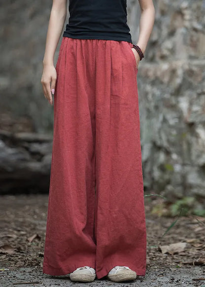 Navy Pockets Elastic Waist Linen Wide Leg Pants Summer