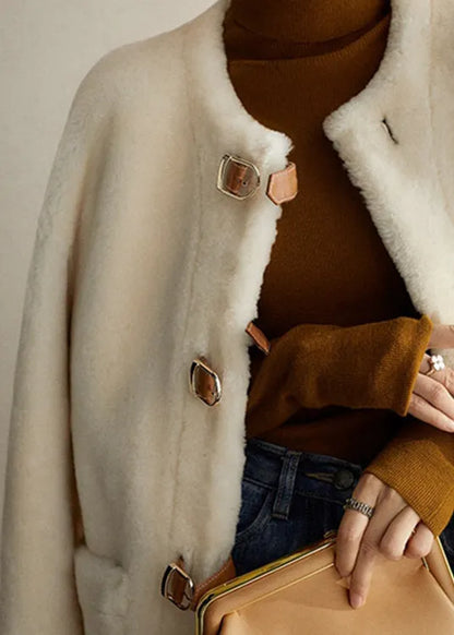 Beige O Neck Pockets Button Patchwork Wool Coats Winter