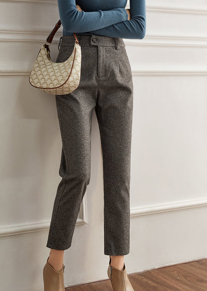 Beige Button Pockets Zippered Woolen Straight Pants Fall