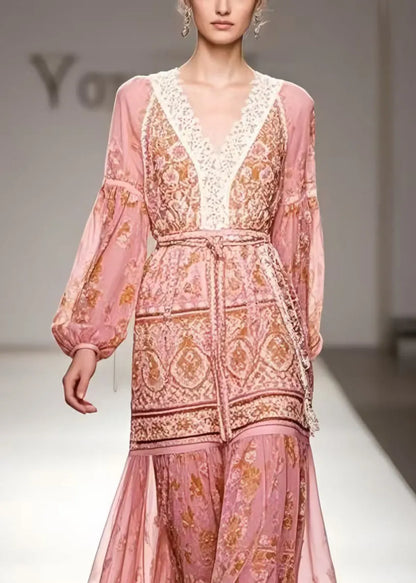 Modern Pink Cinched Print Chiffon Ankle Dress Spring