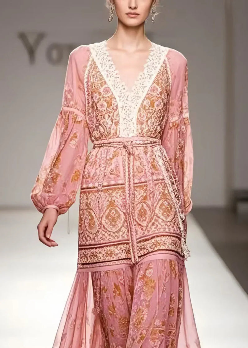 Modern Pink Cinched Print Chiffon Ankle Dress Spring