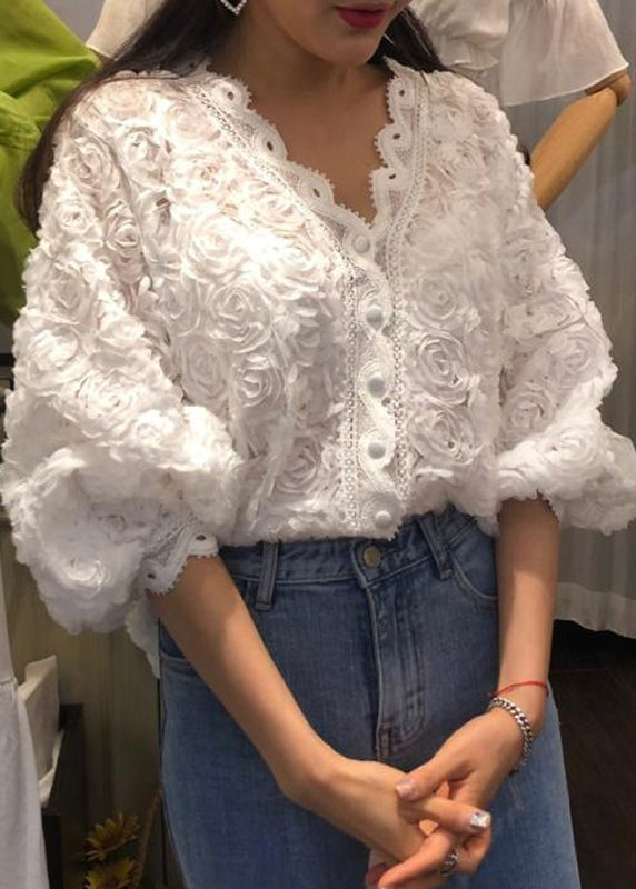 White Button Lace Shirt V Neck Fall