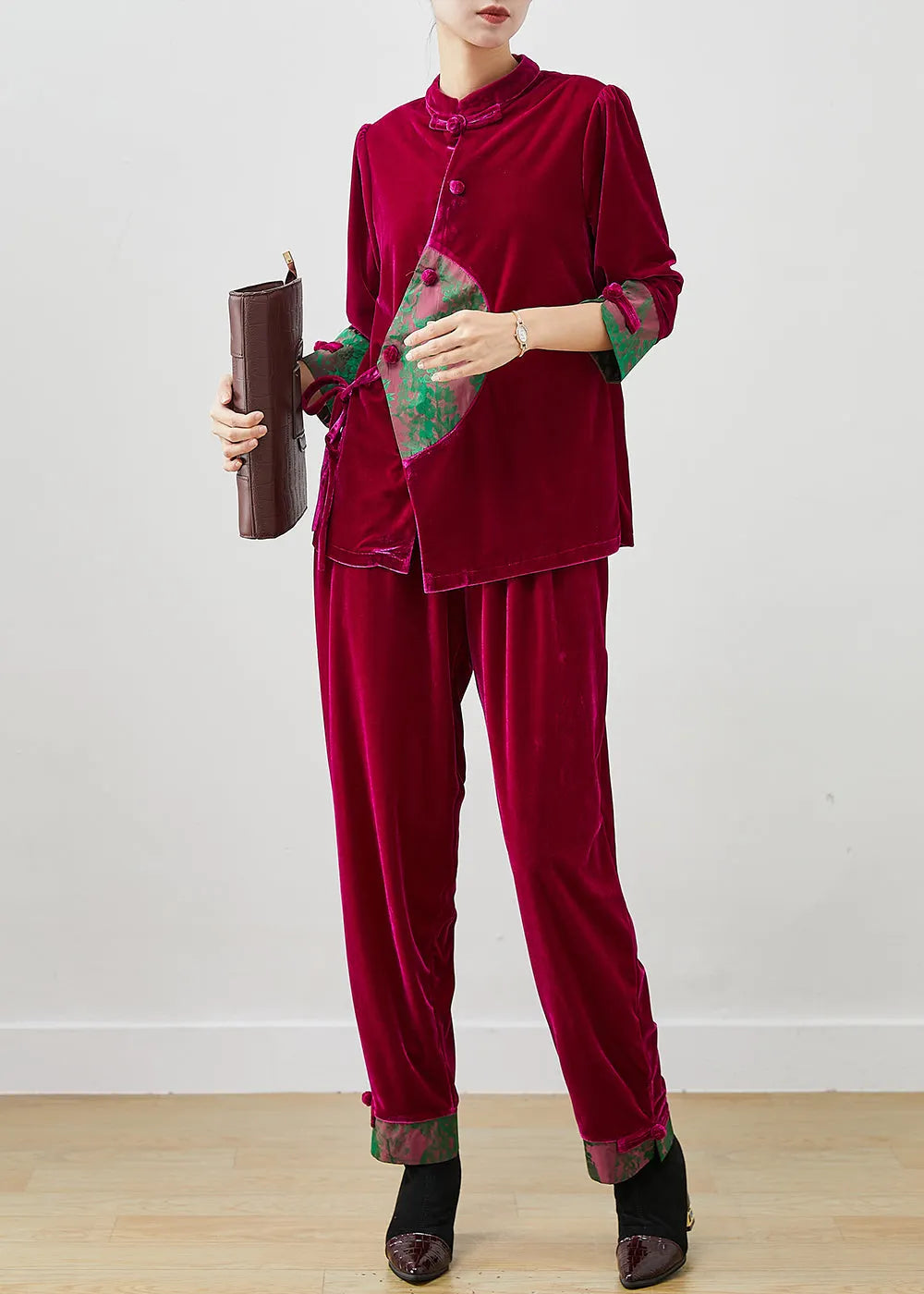Rose Tie Waist Patchwork Silk Velour Two Pieces Set Spring