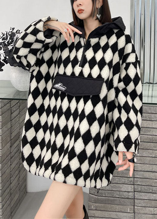 Comfy Plaid Teddy Hooded Patchwork Fall Sweatshirt Street Wear