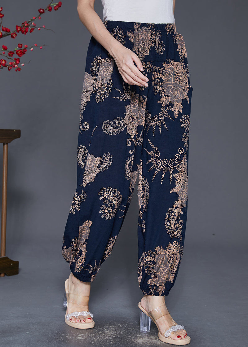 Navy Oversized Print Cotton Lantern Pants Fall