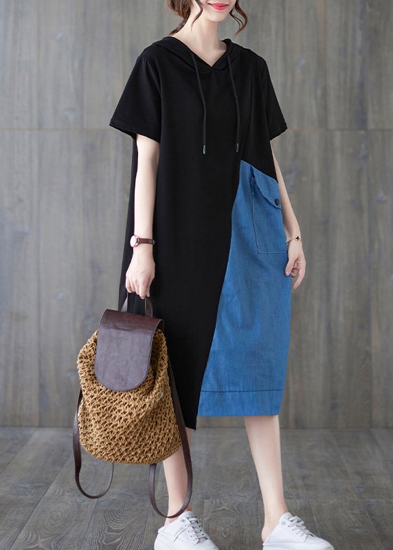 Blue Black Hooded Drawstring Patchwork Dress Short Sleeve Summer