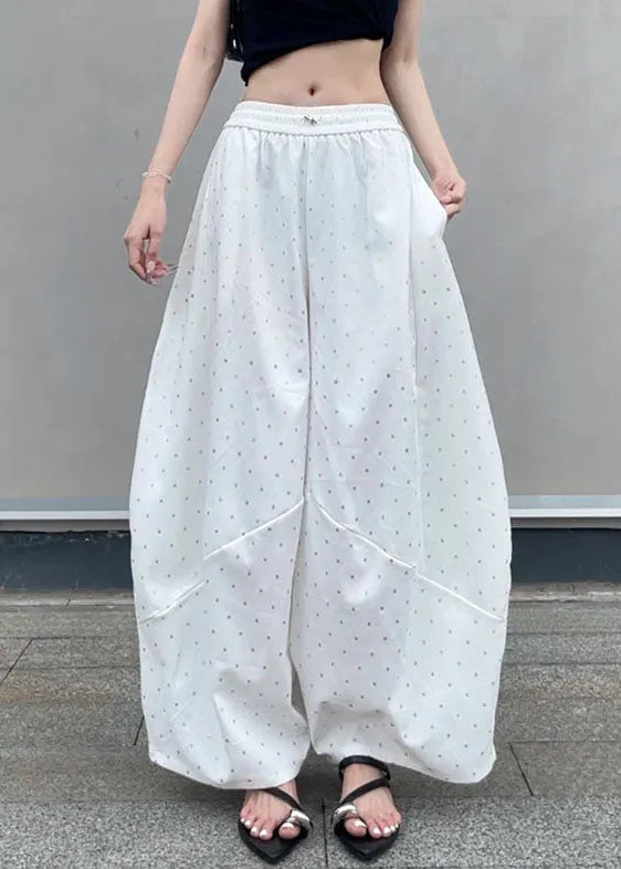 New Grey Dot Pockets Elastic Waist Cotton Wide Leg Pants Fall
