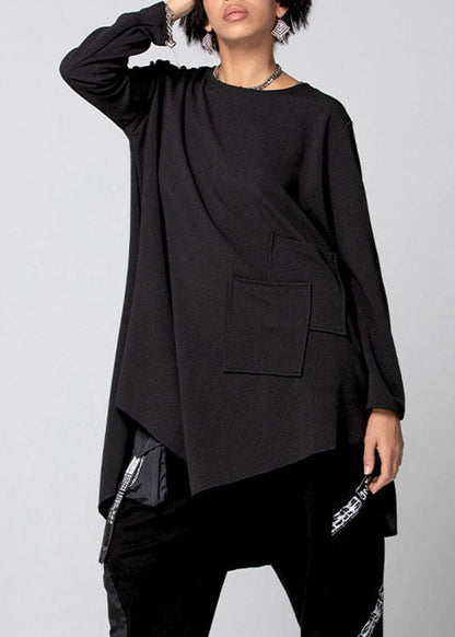 Black Asymmetrical Pockets Cotton Shirt Spring