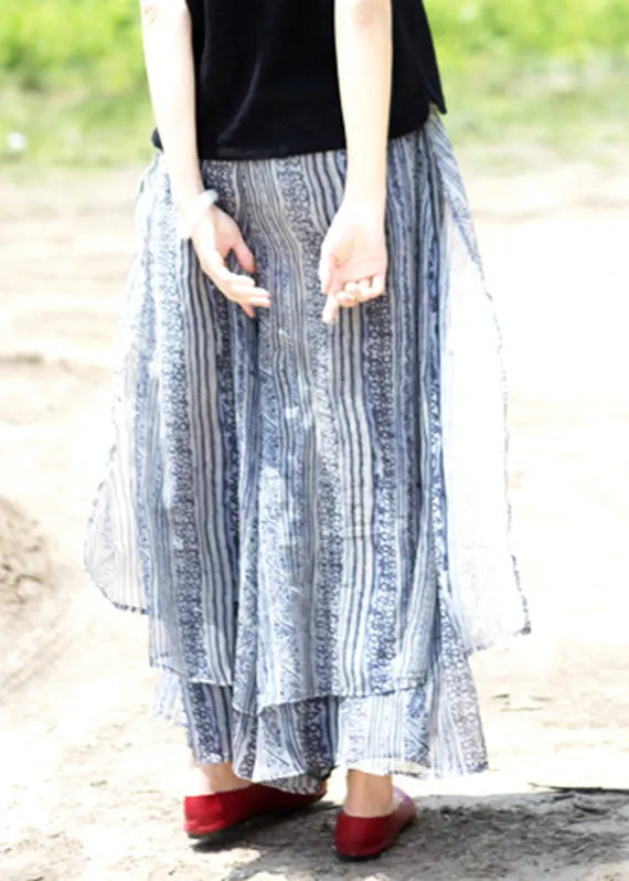 Blue Pockets Print Silk Wide Leg Pants Skirt Summer