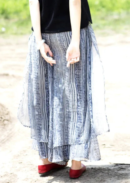 Blue Pockets Print Silk Wide Leg Pants Skirt Summer