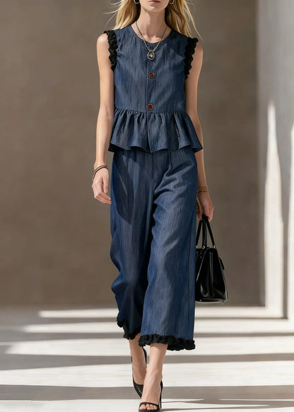 Loose Blue Ruffled Tops and Crop Pants Denim Two Pieces Set Sleeveless