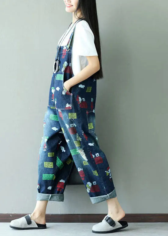 Dark Blue Print Jumpsuits Pockets Summer