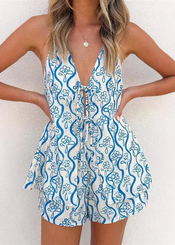 Blue V Neck Tie Lace Top and Shorts Two Pieces Set Summer