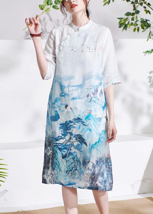 White Patchwork Button Print Summer Ramie Mid Dress Half Sleeve