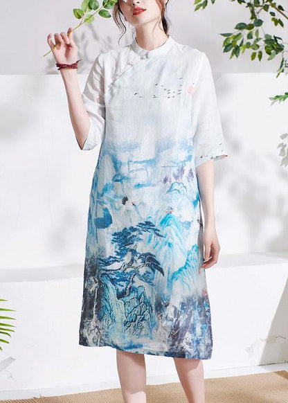 White Patchwork Button Print Summer Ramie Mid Dress Half Sleeve