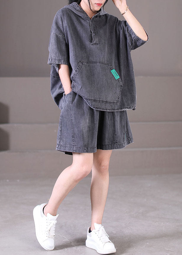 Dark Grey Hooded Elastic Waist Pockets Cotton Denim Two Piece Set Outfits Summer