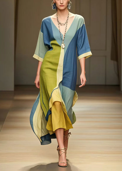 Colorblock Asymmetrical Patchwork Cotton Long Dress Summer