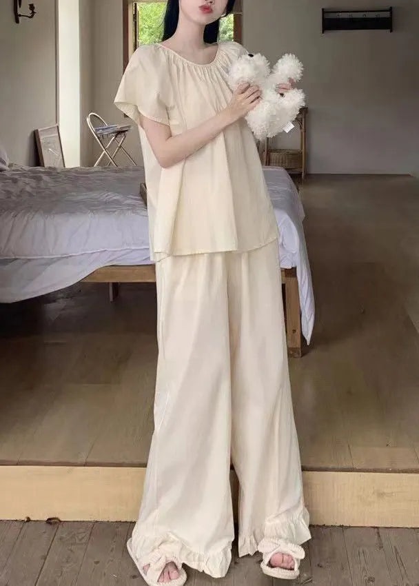 Apricot O Neck Cotton Two Pieces Set Pajamas Summer