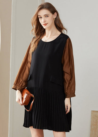 Modern Colorblock O-neck Oversized Patchwork Chiffon Pleated Dress Spring