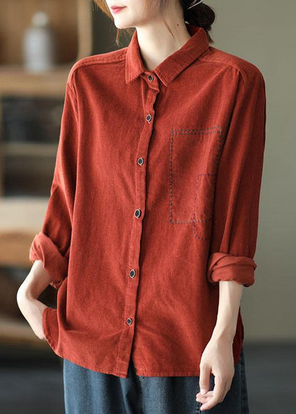 Style Red Retro Peter Pan Collar Button Fall Corduroy Long Sleeve Tops