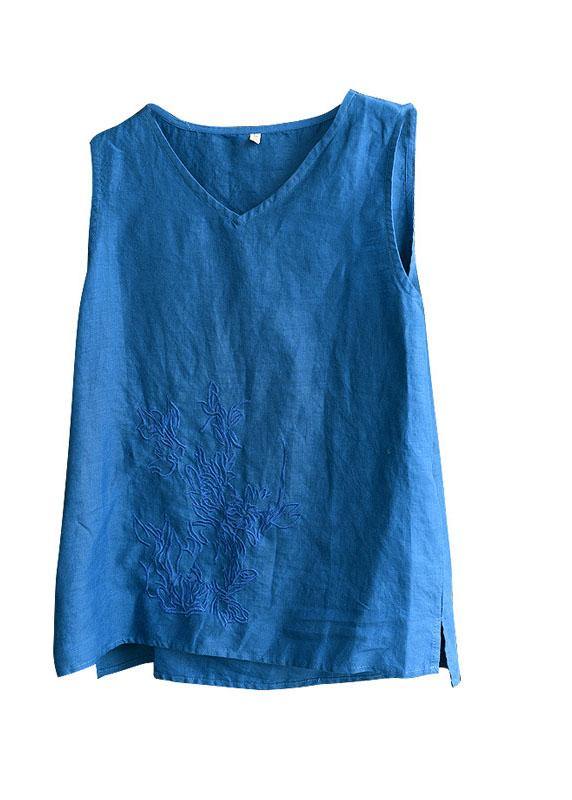 Blue Embroideried Sleeveless Linen Shirt Tops Summer