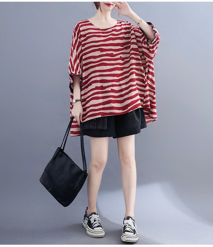 Boutique Chocolate Striped Asymmetrical Patchwork Cotton Top Short Sleeve