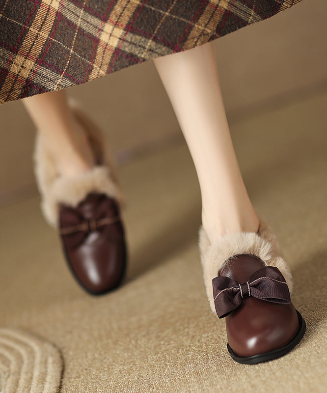 Brown Cowhide Leather Loafers Splicing Fuzzy Wool Lined