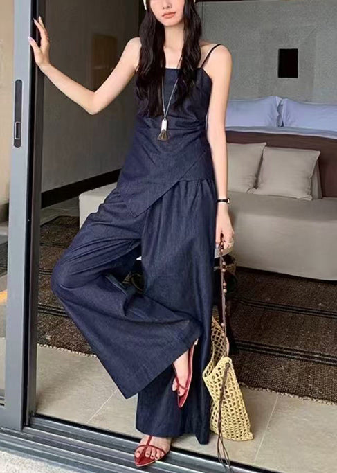 Navy Asymmetrical Silm Fit Denim 2 Piece Outfit Summer