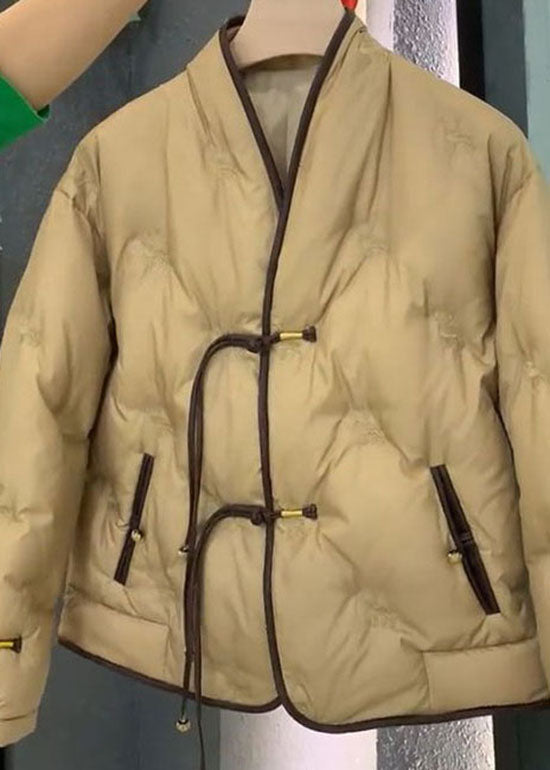 Chinese Style Khaki V Neck Patchwork Fine Cotton Filled Coats Winter