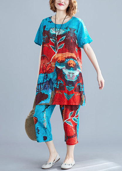Blue O-neck Print Cotton Two Pieces Set Summer
