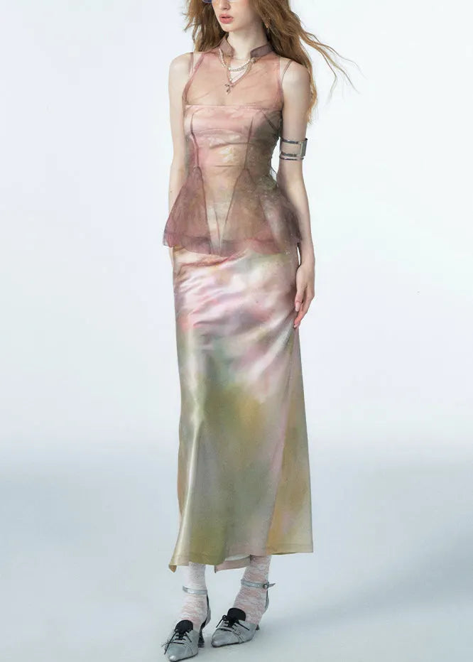 Gradient Color Side Open Silk Spaghetti Strap Dress Cold Shoulder Summer