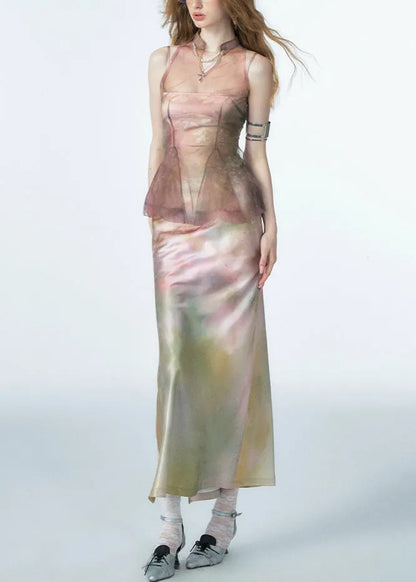 Gradient Color Side Open Silk Spaghetti Strap Dress Cold Shoulder Summer