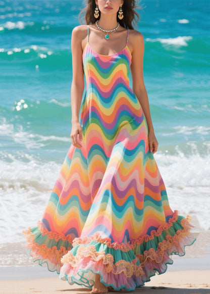 Rainbow Ruffled Striped Chiffon Holiday Dress Summer