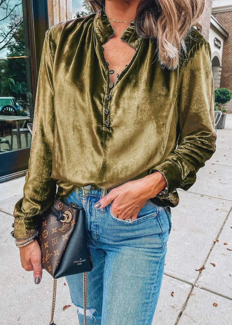 European and American Style Blue Ruffled Velour Top Spring