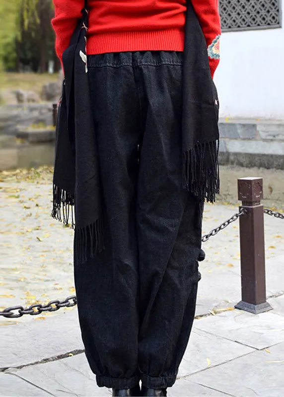 Black Grey Elastic Waist Embroideried Pockets Cotton Denim Harem Pants Spring