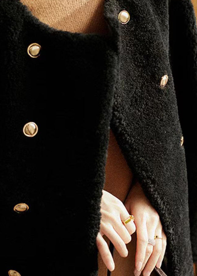 Black O Neck Pockets Patchwork Wool Coats Winter