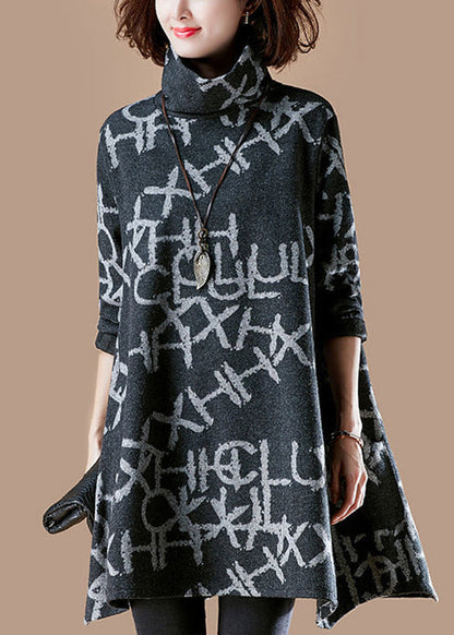 Black Turtleneck Alphabet Print Warm Fleece Thick Cotton Pullover Fall