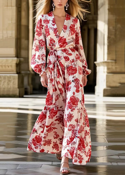 Red Flower Print Draping Ice Silk Shirt Dress Tie Waist Spring