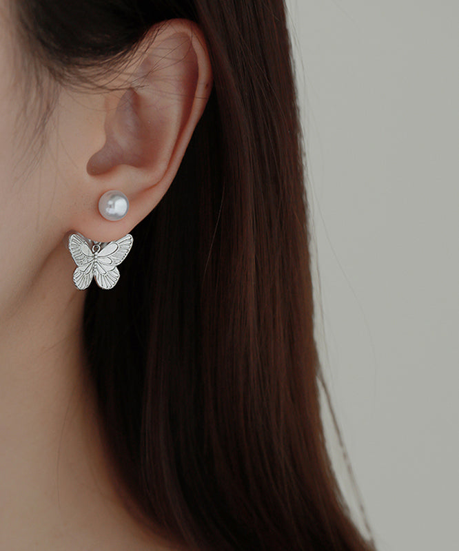 Diy Silk Copper Overgild Pearl Butterfly Stud Earrings