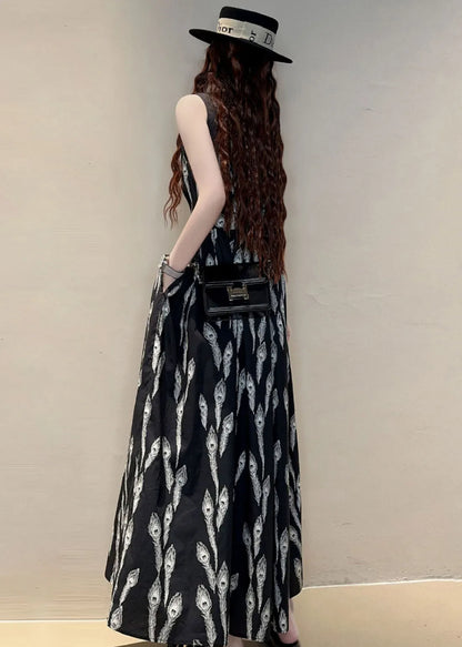 New Black O Neck Print Pockets Cotton Maxi Dresses Sleeveless