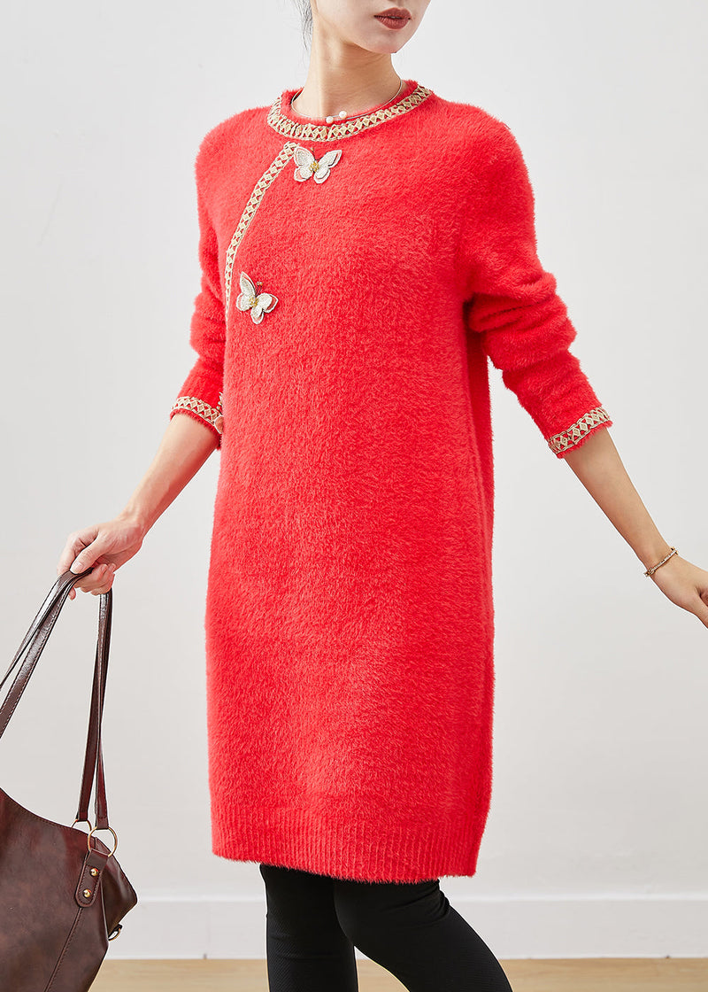 Red Butterfly Knit Sweater Dress Winter