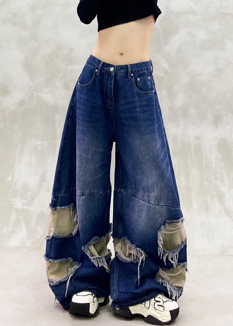 Blue Ripped Patchwork Denim Wide Leg Pants Spring