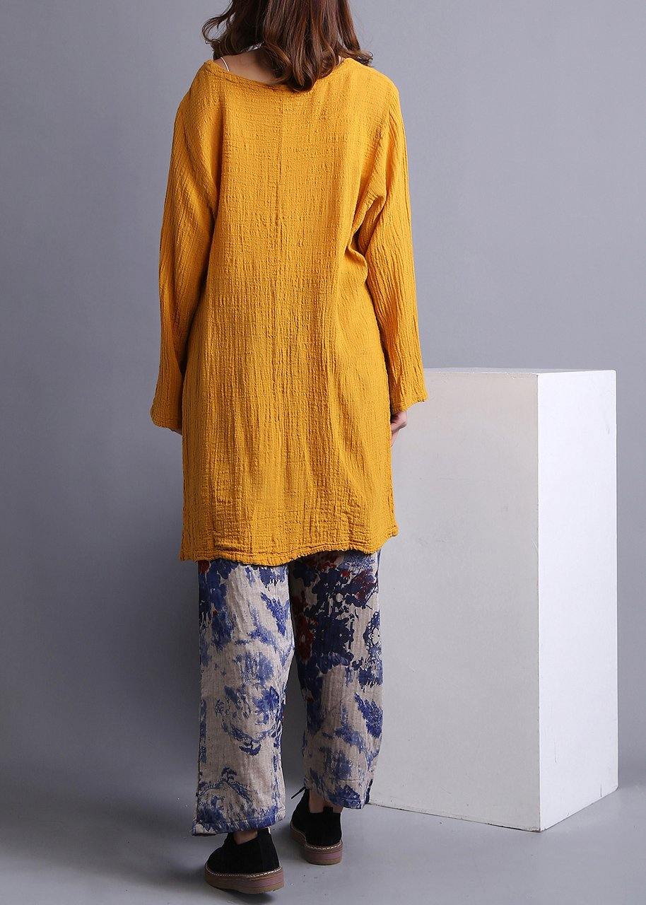 Yellow U Neck Low High Design Linen Spring Shirt