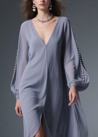 Grey Front Open Chiffon Long Dresses V Neck Spring