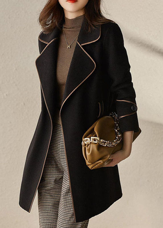Black Notched Patchwork Pockets Tie Waist Woolen Coats Fall