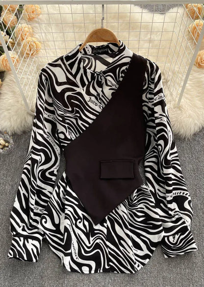 Black Asymmetrical Design Chiffon Two Pieces Set Spring